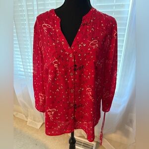 New York & Company Red Love Print Blouse